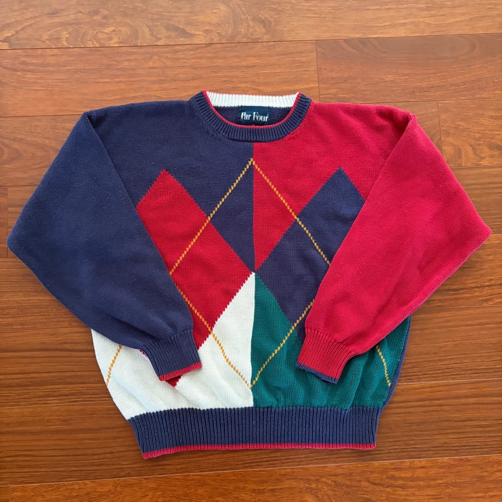 Par Four Mens Large Argyle Sweater Vintage 90s Colorblock Knit Red Navy Cotton L